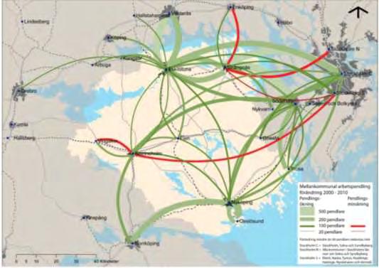Figur 3 Mellankommunal arbetspendlingsförändring 2000-2010. Flödesriktningen läses ur högervarv mellan kommunerna. 2.3 Persontransporter Persontransporterna brukar vanligtvis delas in i arbetspendling, utbildningspendling och fritidsresande.