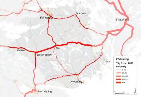 Figur 4 Persontåg per vardagsmedeldygn 2011. Källa: Trafikverket (data) och VAP VA-Projekt AB (bearbetning). Figur 5 Persontåg per vardagsmedeldygn 2030.