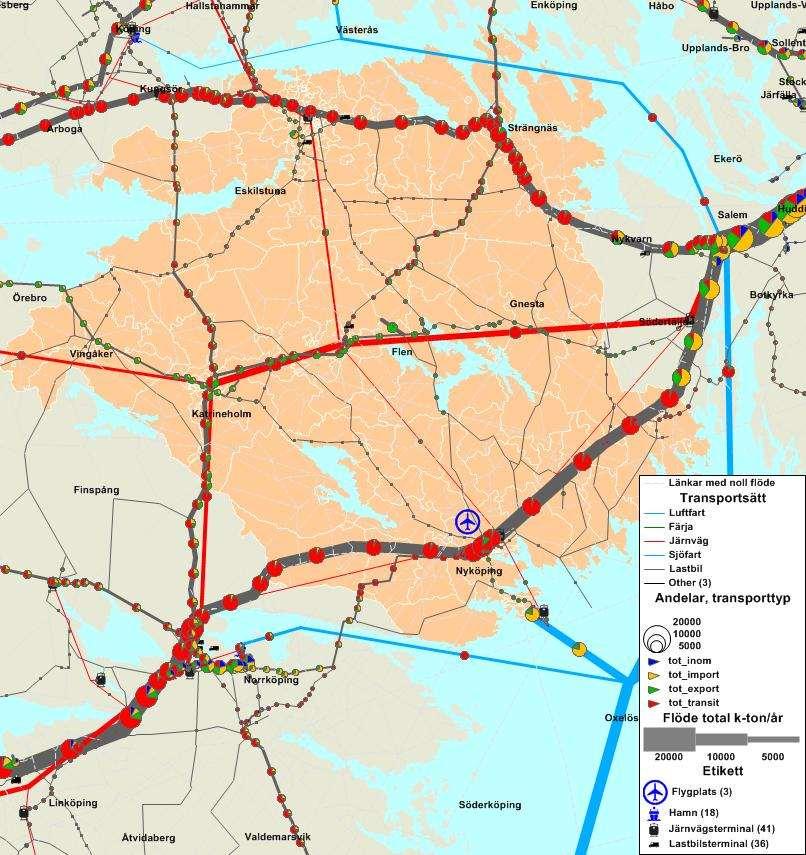 öster om Katrineholm) bedöms transporterna till större del vara export (stor andel grönt i cirklarna på kartan). Även längs järnvägen mellan Eskilstuna och Flen är exporten stor, runt 50 procent.