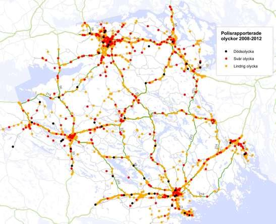 Figur 11 Polisrapporterade olyckor 2008-2012. Källa: STRADA (data) och VAP VA-Projekt AB (bearbetning).