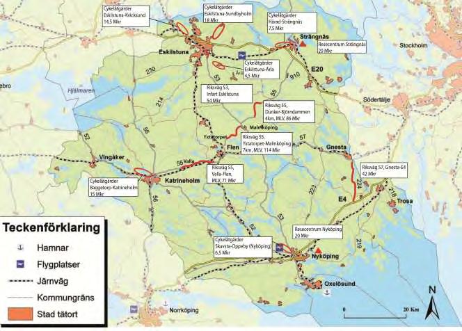 Behov och brister Uppskattad kostnad Rv 55 Strängnäsbron - Edeby 129 Rv 55 Förbi Flen 135 Rv 55 Byringe - Länna 58 Rv 55 Härad-Knäppingen 45-100 Rv 55/E20 Trafikplats Ulvs hällar 55-150 Rv 55 Flen -