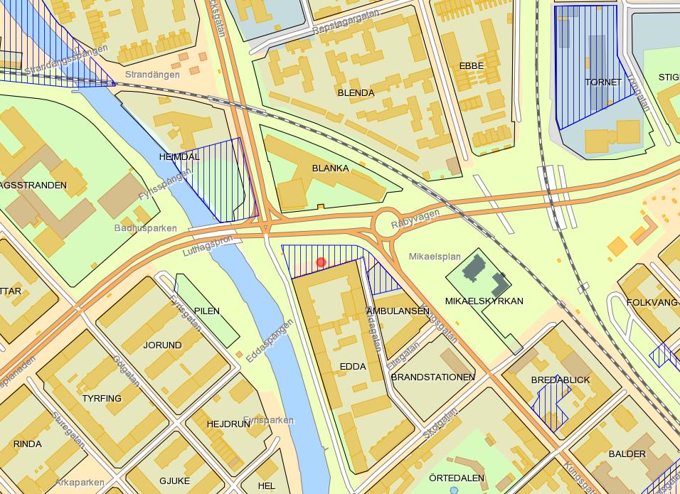 Beräkningsförutsättningar Planområdet Planen syftar till att möjliggöra bebyggelse på Kungsgatans östra sida, mellan Råbyvägen och Skolgatan. se figur 1och 2.