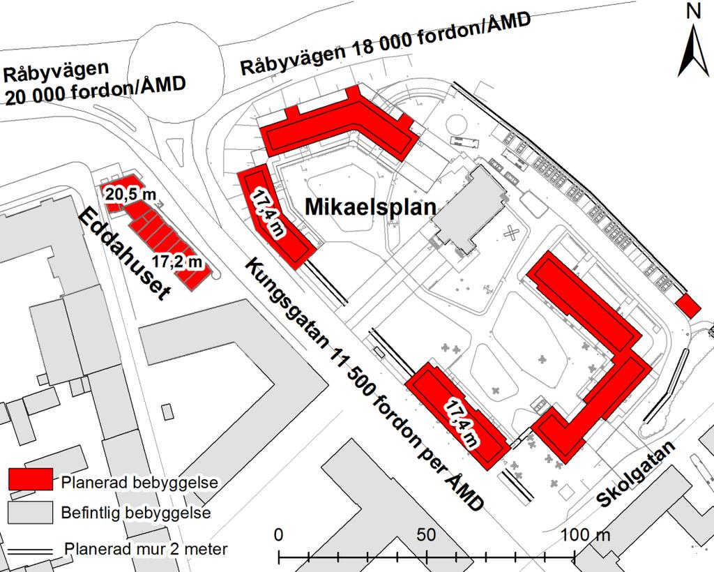 Figur 2. Planerad bebyggelse med hushöjder samt trafikmängde. Angivna trafikmängder avser fordon per årsmedeldygn (f/åmd)år 2010.