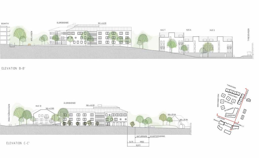 SIDA 11 APELVÄGEN 2017-10-06 SEKTIONER OCH ELEVATIONER 1:400 ELEVATION B-B Elevation längs Plommongränd.