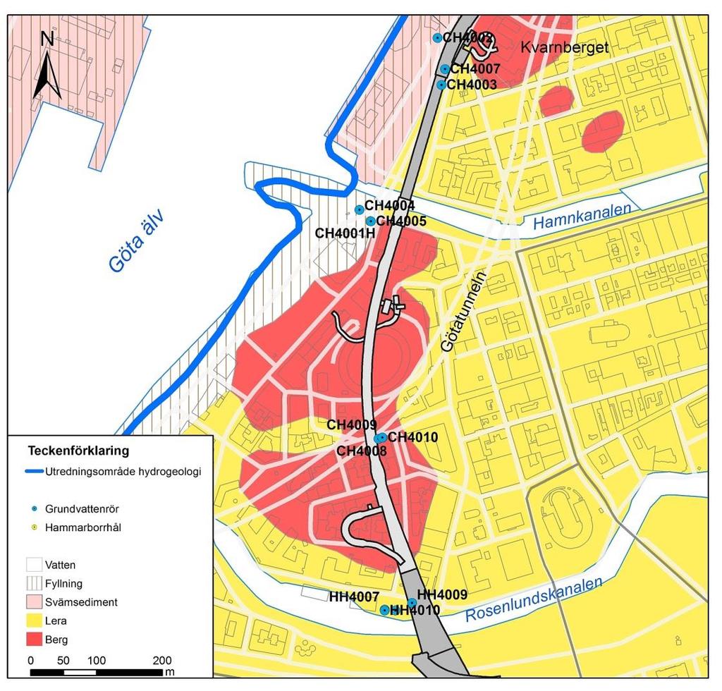 Figur 6-4. Västlänkens passage förbi Otterhällan och Kungshöjd mot Station Haga. Station Haga Station Korsvägen Området vid Station Haga har både övre och undre grundvattenmagasin.