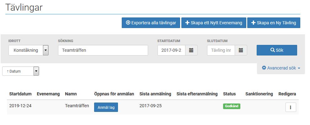 4.5 Redigera anmälan av lag till tävling efter anmälningstidens utgång Tävlingsarrangören kan välja att tillåta att man byter ut lagmedlemmar även efter anmälningstidens utgång.