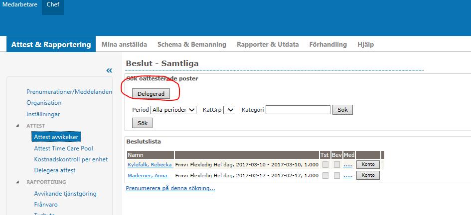 Sök upp kollegan du vill delegera till Ange under vilken period delegationen skall gälla Glöm inte att spara Du kan låta posterna ligga kvar efter att du är tillbaka från din frånvaro och