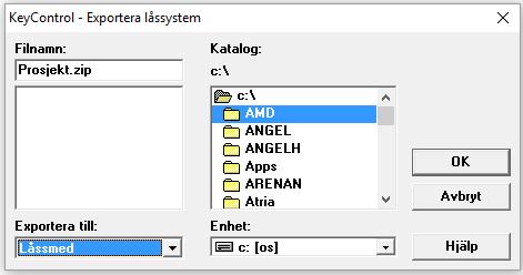 och sedan typ av export, i detta fall låssystem, och katalog där exportfilen ska lagras. Normalt skall du inte ändra filnamn.
