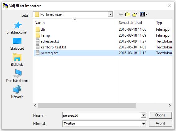 8.2 Importera/Exportera personregister 8.2.1 Importera personregister För att få ett exempel på hur en importfil ska se ut så är det lämpligt att skriva in en person i personregistret och sedan exportera denna person.