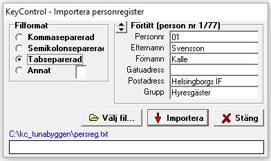 Dialogen Importera personregister öppnas. 5. Välj filformat. 6. Kontrollera att uppgifterna hamnar på rätt ställen genom att klicka på pilarna i Förtitt.