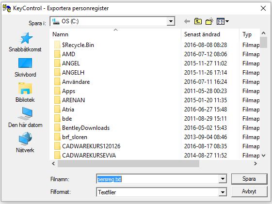 8.2.2 Exportera Personregister Välj katalog och skriv eventuellt in ett nytt filnamn.