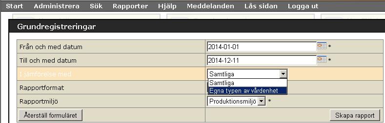 GRUNDREGISTRERINGAR OCH UPPFÖLJNINGAR För att ta ut en grundregistreringsrapport, välj först tidsperiod för diagnosdatum.