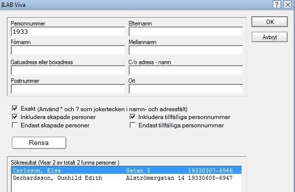 Handledning Myndighet SoL/LSS 9 I sökdialogen som visas kan man nu söka på uppgifter mot kommunens befolkningsregister. I fälten kan man skriva delar av personnummer, efternamn, förnamn o.s.v. Klicka på OK för att söka.