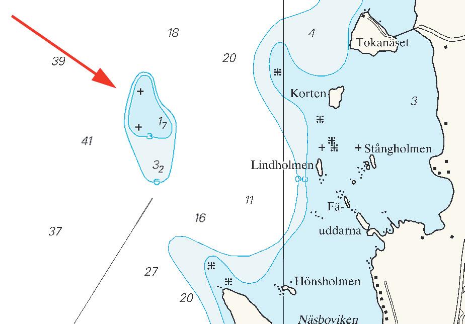 Nr 283 8 Övriga inlandsfarvatten / Inshore waters * 5996 Sjökort/Chart: 121 Sverige. Vättern. N om Motala. SV om Tokanäset. Grund. Ändrad djupinformation.