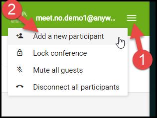 Du kan lägga till fler deltagare och kontrollera motet ifrån http://meet.anywhere.vc i din kontrolpanel när du loggar in som host. Ansluta till ett möte via telefon 1.
