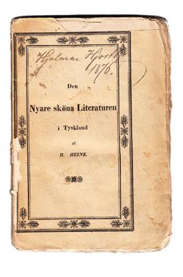 9 HEINE, Heinrich. Den nyare sköna literaturen i Tyskland af H. Heine. Öfversättning. Lund, Lundbergska boktryckeriet, 1838. 8:o. 145,+ (1) s. Stor men svag fuktrand genomgående.