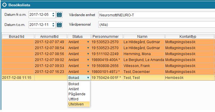 Sidan 25 Ny status i Besökslistan När en patient uteblir från ett bokat besök kan användaren ändra status för besöket i Besökslistan genom att välja Utebliven i kolumnen Status.