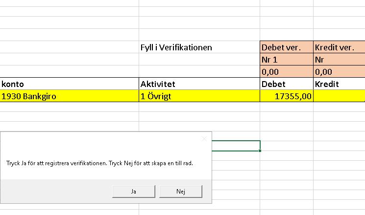 Det är ett krav att välja aktivitet även för balanskonton. Välj övrigt om aktiviteten inte är relevant. När du gjort detta hamnar pekaren automatiskt i fältet Debet.