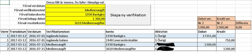 Du har möjlighet att kontrollera/ändra i de gula fälten innan verifikationen registreras.