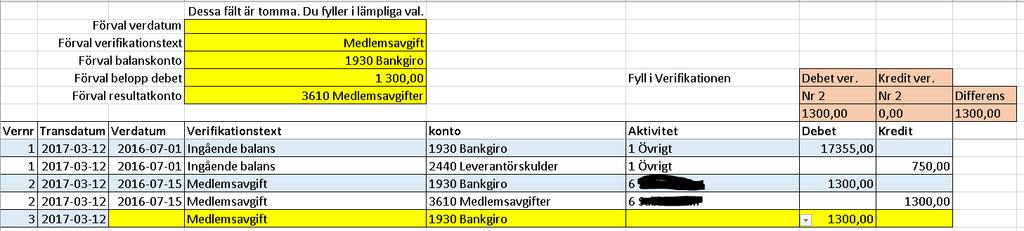 Observera att Debet eller Kredit beloppet ej automatiskt ändras om du nu ändar något av beloppen. I fältet differens kan du se om skillnaden icke är noll vilken den skall vara.