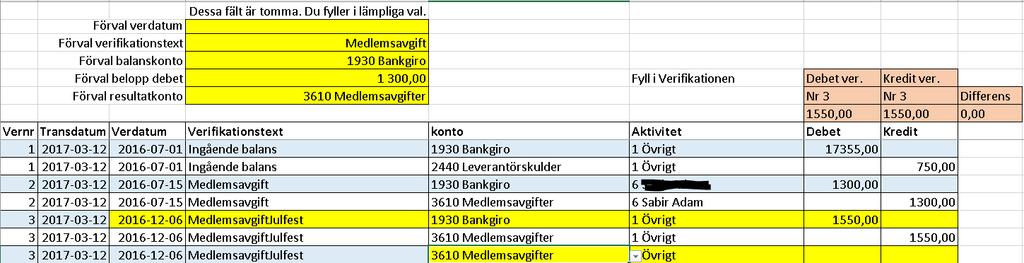 Eftersom beloppet var förifyllt kommer en ny transaktionsrad att skapas.