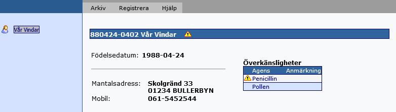 Det har skapats en mapp med patientens namn och uppgifterna du fyllt i visas på skärmen. 3 SMITTA (ny fr.o.m 2.16.0.100) Smitta är ny funktionalitet från och med Obstetrix 2.