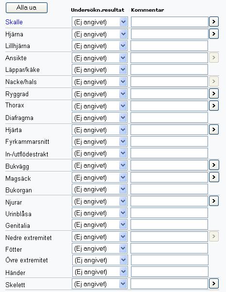 6.5.2 Avancerat ultraljud Markera flik Organscreening och följande bild visas. Du får bläddra med listpilen för att kunna se alla.