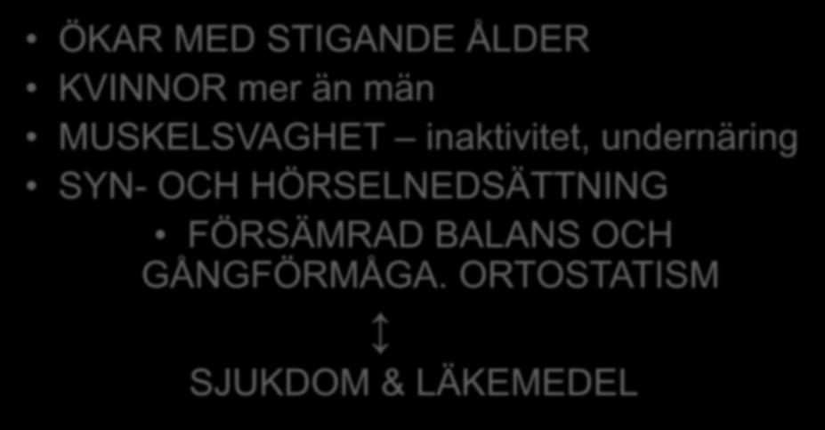 FALLRISK 6 % av +85 åringar / år ÖKAR MED STIGANDE ÅLDER KVINNOR mer än män MUSKELSVAGHET inaktivitet,