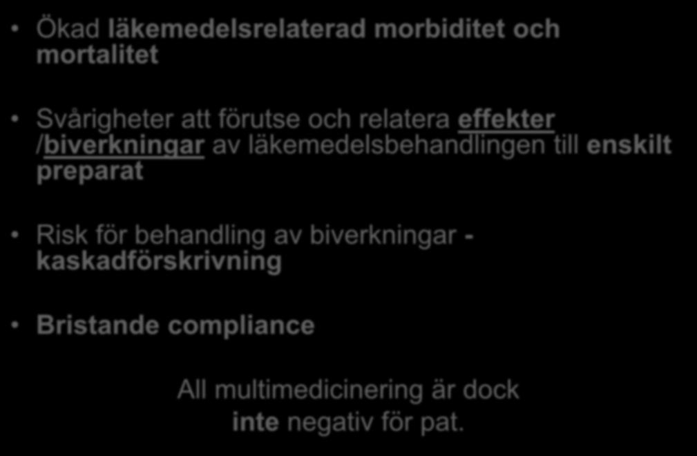 Polyfarmaci innebär Ökad läkemedelsrelaterad morbiditet och mortalitet Svårigheter att förutse och relatera effekter /biverkningar av