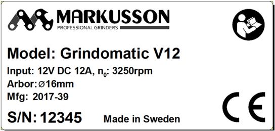 Introduktion Grindomatic 1.5 Namnskylt Denna namnskylt är placerad på sliphuvudet på Grindomatic Auto Chain Grinder. 1.6 Återvinning Denna symbol visar att elektrisk och elektronisk utrustning inte får kasseras som osorterat kommunalt avfall.