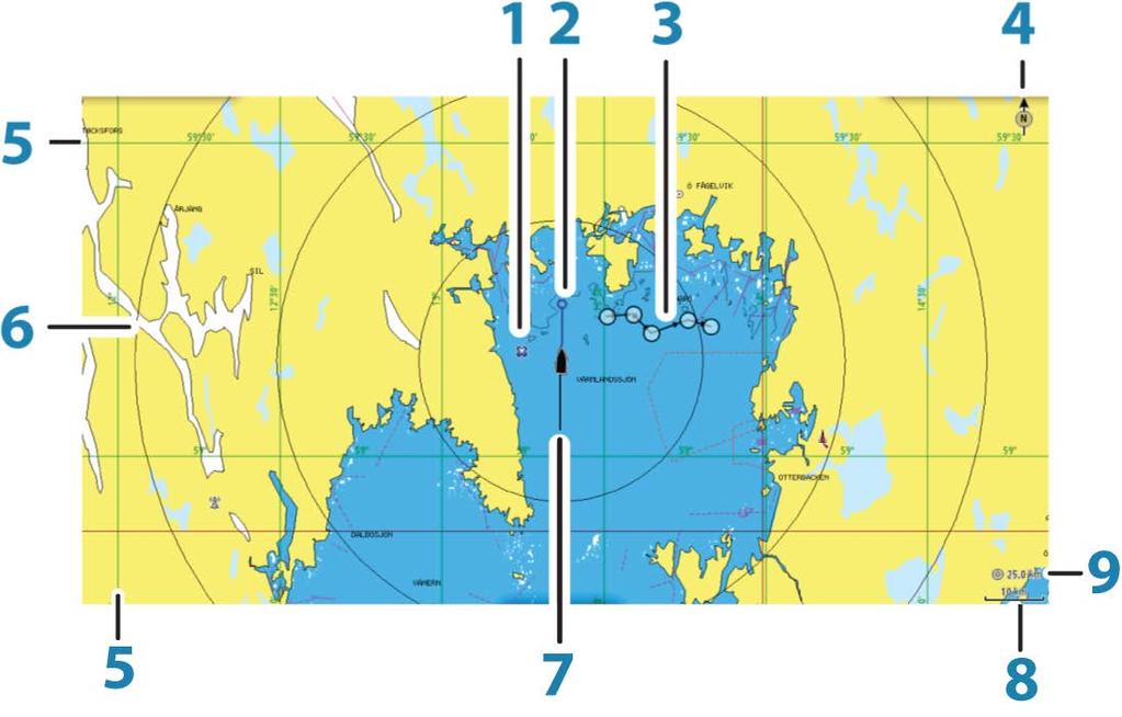 4 Plotter Med plotterfunktionen visas ditt fartygs position i relation till land och andra objekt på sjökortet.