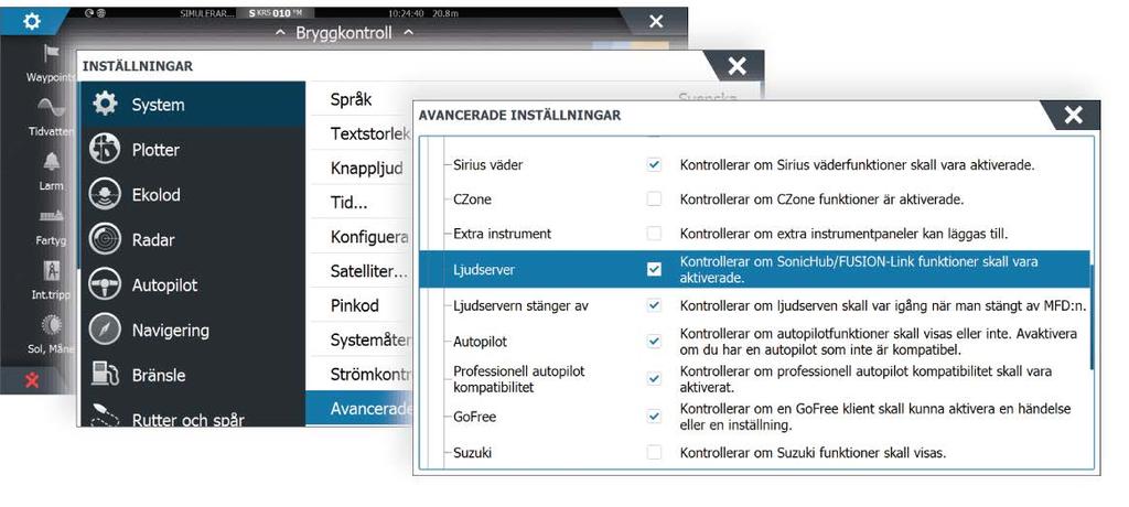 17 Ljud Om ett kompatibelt NMEA 2000- eller Ethernet-ljudsystem är anslutet till nätverket kan du använda enheten för att styra och anpassa ljudsystemet på fartyget.