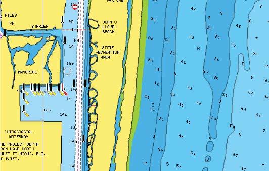 Grunt vatten markeras inte Grunt vatten markeras: 0 3 m Navionics-sjökortsinställningar Färgad sjöbotten Används till att visa olika djupområden i olika