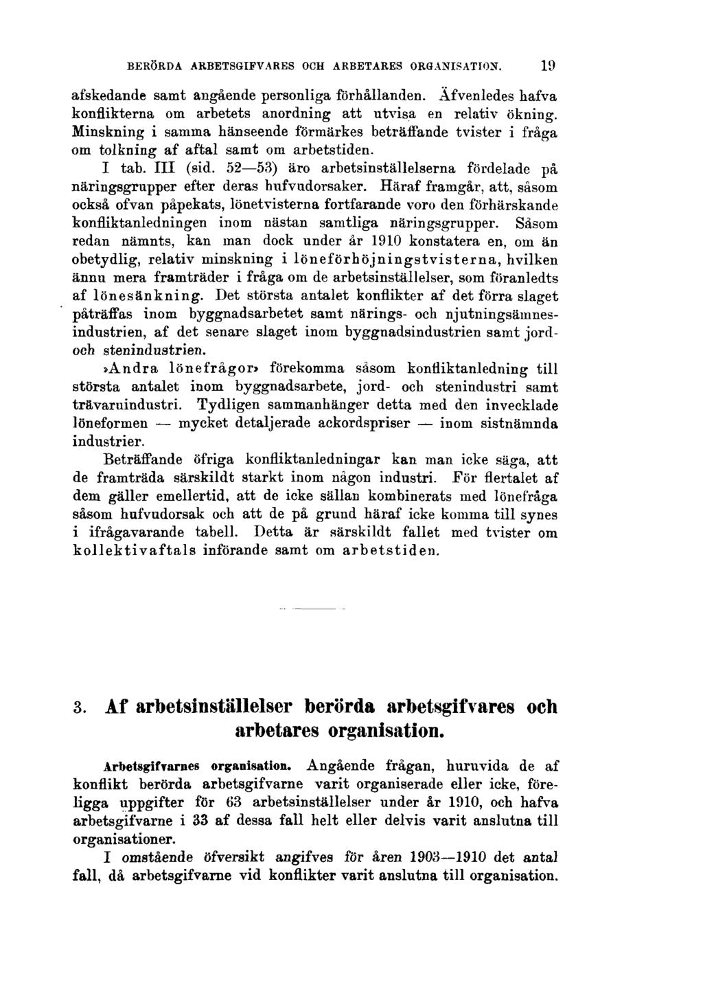 BERÖRDA ARBETSGIFVARES OCH ARBETARES ORGANISATION. 19 afskedande samt angående personliga förhållanden. Afvenledes hafva konflikterna om arbetets anordning att utvisa en relativ ökning.