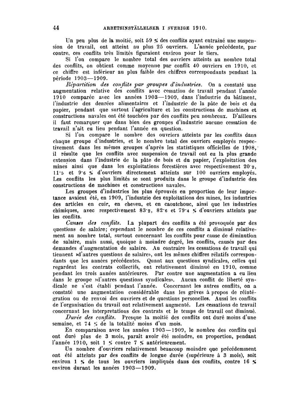 44 ARBETSINSTÄLLELSER I SVERIGE 1910. Un peu plus de la moitié, soit 59 % des conflits ayant entraîné une suspension de travail, ont atteint au plus 25 ouvriers.