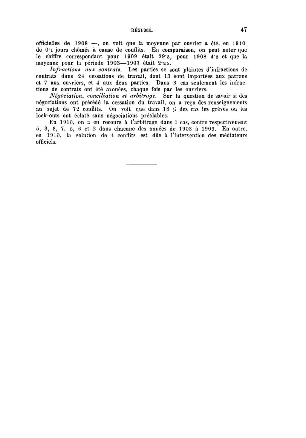 RÉSUMÉ. 47 officielles de 1908, on voit que la moyenne par ouvrier a été, en 1910 de 0 i jours chômés à cause de conflits.