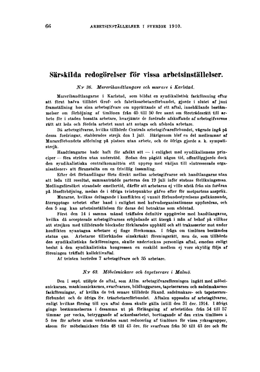 66 ARBETSINSTÄLLELSER I SVERIGE 1910. Särskilda redogörelser för vissa arbetsinställelser. N:r 36. Murerihandtlangare och murare i Karlstad.