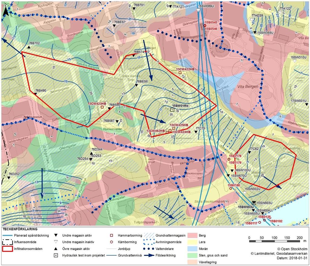 Figur 7 Hydrogeologisk karta över infiltrationsområden vid Katarina Bangata Det södra infiltrationsområdet ligger 7 8 meter lägre i terrängen än det norra området.