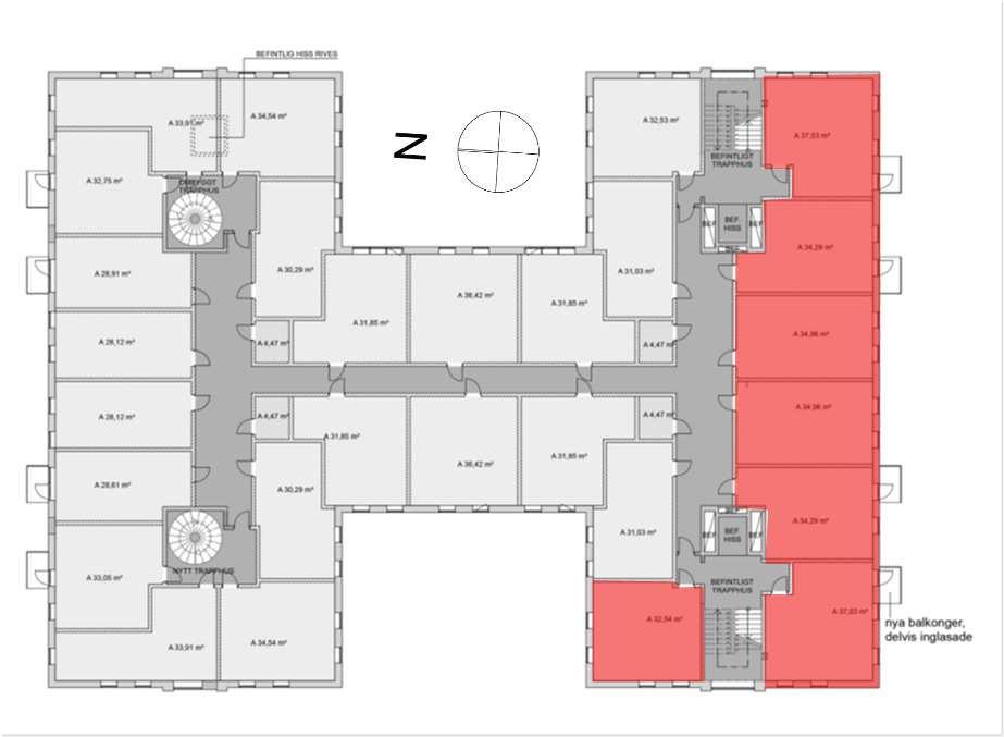 Figur 7. Lägenheter på plan 3 och 4 (rödmarkerade) som behöver fransk balkong 4.2.