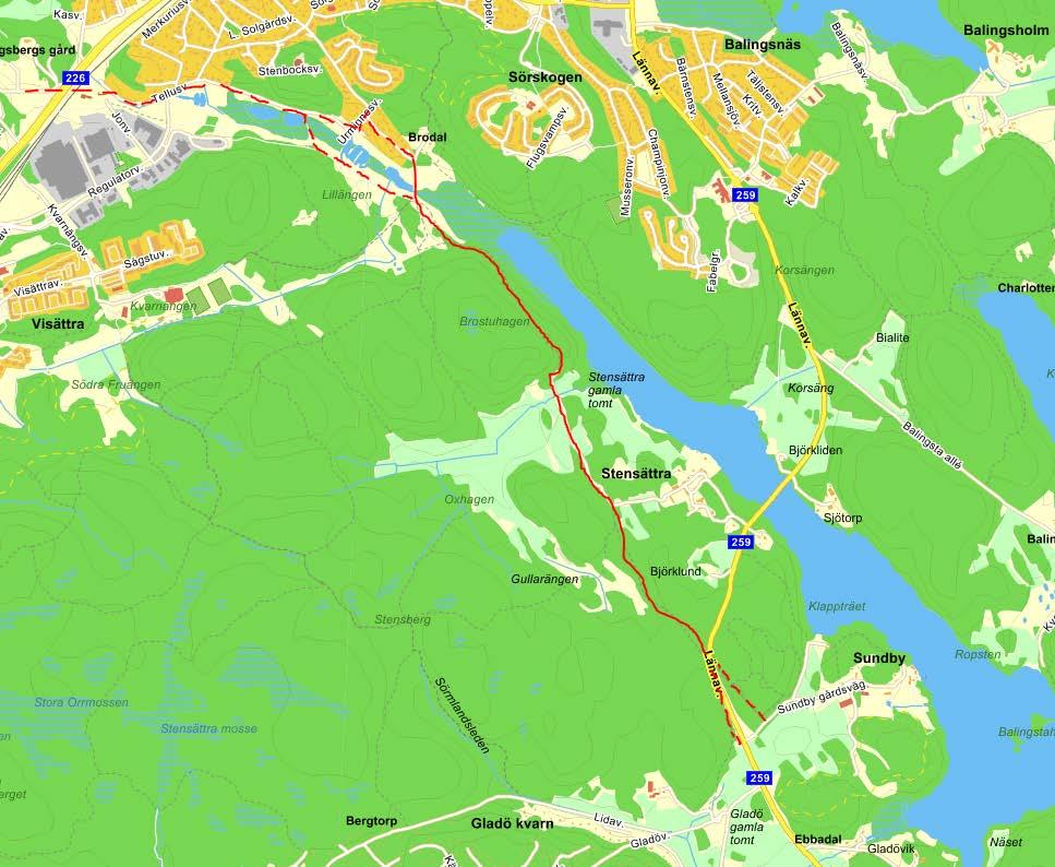 Gammal landsväg mellan Brodal i Flemingsbergsviken och Stensättra i tämligen gott skick. Erosionsskador i backarna. Dränering/avrinning måste ordnas!