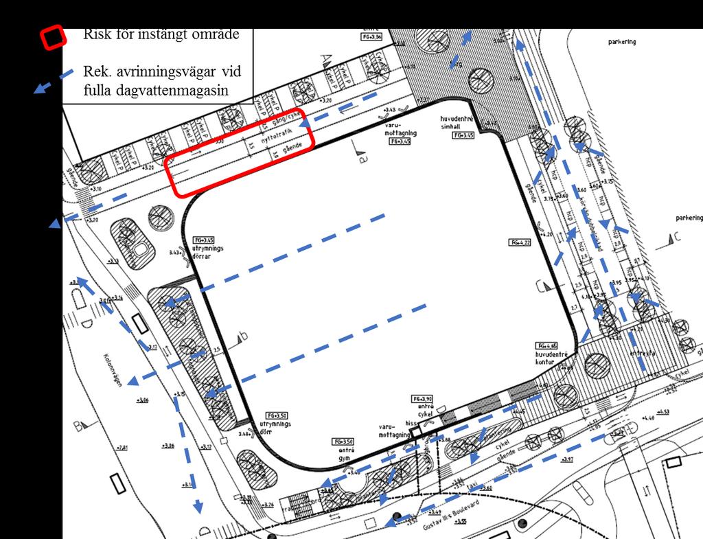 Figur 12. I figuren återges rekommenderade avrinningsvägar vid fulla dagvattenmagasin.avrinningsvägarna utgår från föreslagen höjdsättning.