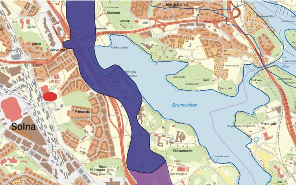 Utredningsområdet ligger inte inom dessa skyddsområden. Figur 6. Mörk- och ljuslila områden markerar området för Stockholmsåsen - Solna respektive Haga.