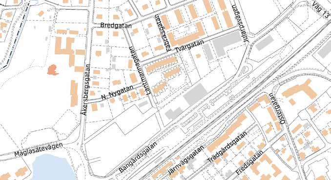 Förutsättningar Trafik - Väg Bangårdsgatan, Maglasätevägen och Åkersbergsgatan är huvudgator med viktiga funktioner i det lokala bilvägnätet, hastighetsbegränsningen på samtliga gator är 40 km/h.