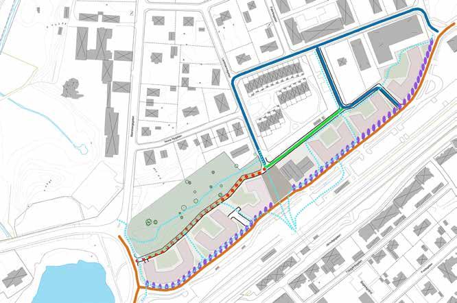 Förslag Rödprickig linje = endast servicefordon på en gårdsgateliknande gatuutformning. Ljusblåprickig linje = gång- och cykelstråk. Grön linje med pilar = enkelriktad gata.