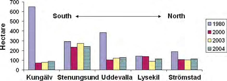 811 - Marinbiologisk utredning Marstrand 5.39 Naturcentrum AB 2016-05-17 Tabell 1. Fördelning av ålgräs (hektar) under olika år, i fem studerade regioner. Nyqvist et al. 2009.