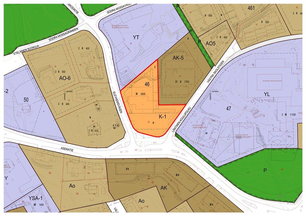m 2 och den har anvisats byggrätt om 2 600 m 2 vy i tre (III) våningar. Byggnaderna får dessutom ha en källarvåning som ligger ovan jord.