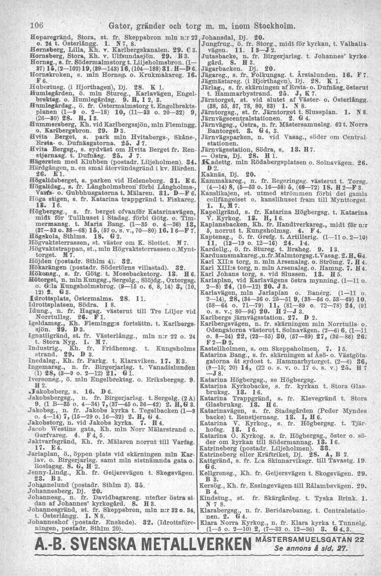 106. Gator, gränder och torg m. m. inom Stockholm. Hoparegränd. Stora, st. fr. Skeppsbron min nor22 Johansdal, Dj. 20. o. 24 t. Österlängg. 1. N7, S. Jungfrug., ö. fr. Storg., midt för kyrkau, t.