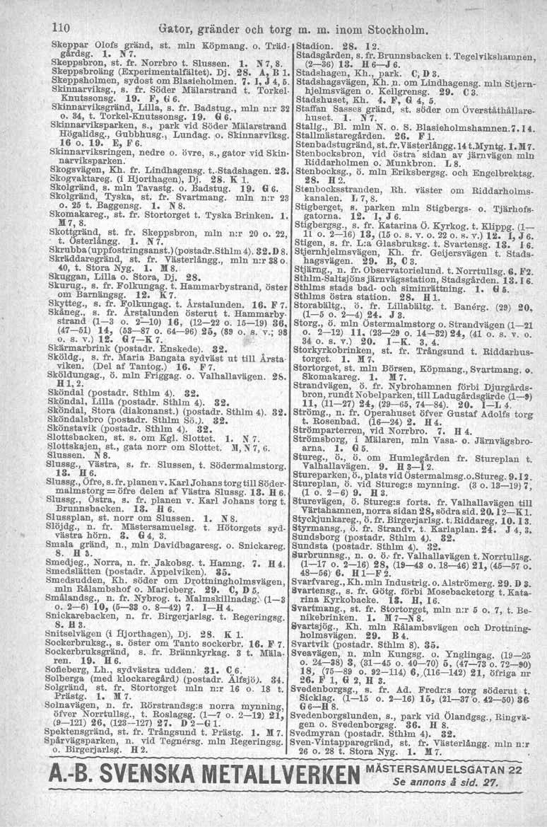 110 Gator, gränder och torg m. m. inom Stockholm. Skeppar Olofs gränd, gärdsg. 1. N 7. Skeppsbron, st. fr. Norrbro t. Slussen. 1. N 7, 8. Skeppsbroäng (Experrmentalfältet), Dj. 28. A, B 1.