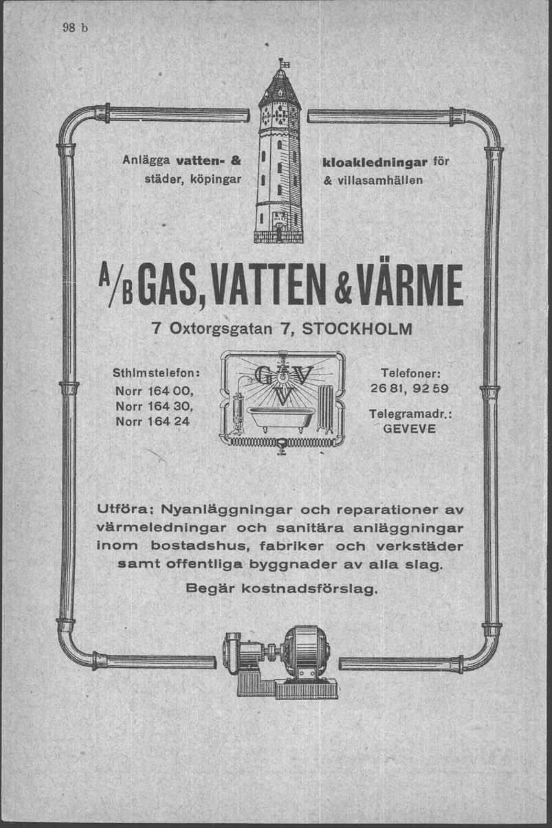 98 b f?'~---, Anlägga vatten-.- a städer, köpingar kloakledningar & villasamhällen för A/BGAS, VATTEN &VÄRME.