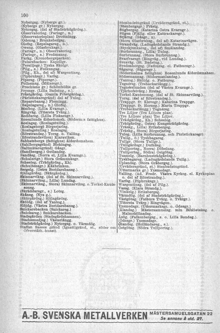 100 Ny,bergsg. (Nybergs gr.). (Nybergs gr.) Nybergsg. Nytorgsg. (del af Stadsträdgårdsg.). Observatorieg. (Parisgr., n.) (Observatorieplan) Drottningi. (Odensg.) Brunkebergsg. Olofsg. (Repslagareg.